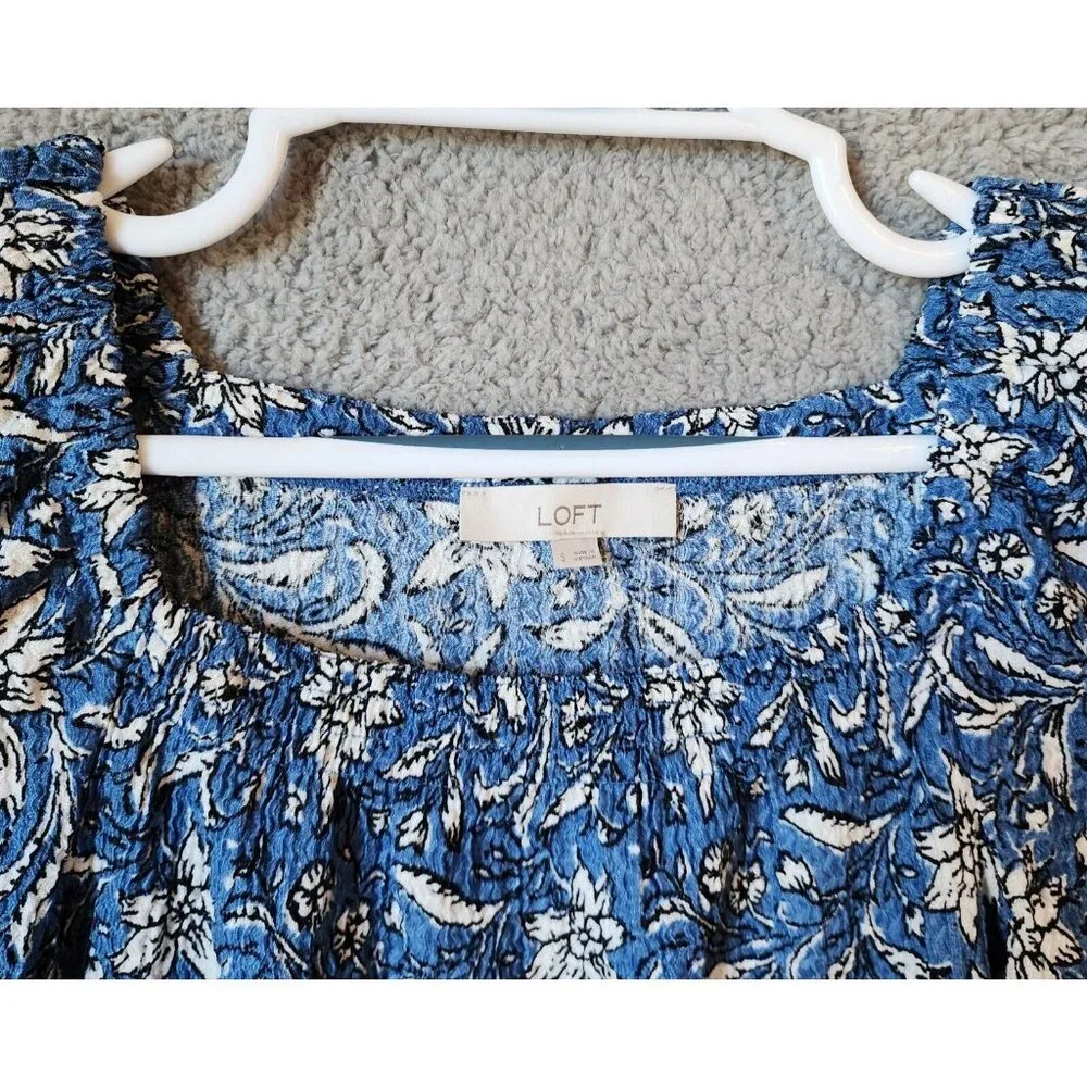 LOFT Women's Square Neck Long Puff Sleeve‎ Blouse Top Blue/White Floral Size S
